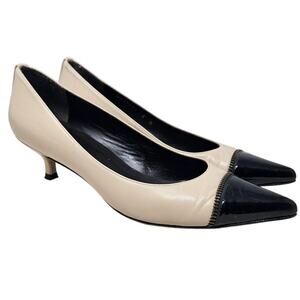 Stuart Weitzman 8 Cream Black Leather Kitten Heel Pump Cap Toe Career Classic